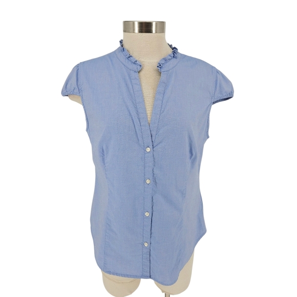 Old Navy Shirt Light Blue Cap Short Sleeve Button Up Ruffle V Neck Top Large - Picture 1 of 8